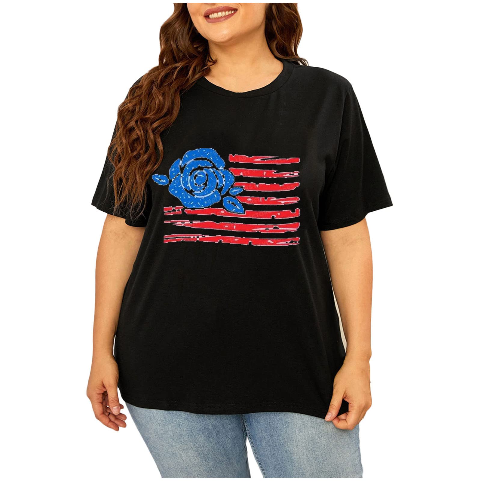 Plus Size Women's American Flag Graphic Tee - Casual Summer Short Sleeve Top for Outings