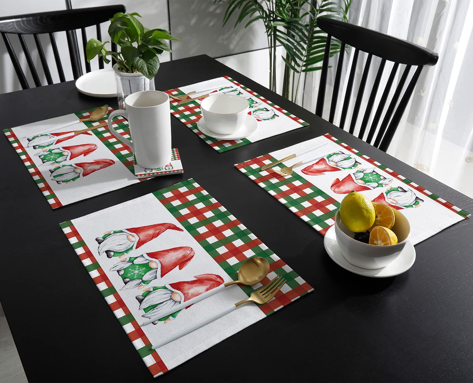 IDOWMAT Christmas Gnome Placemats Set of 4 - Red and Green Grid Design Washable Heatproof Non-Slip Table Mats for Dining Table Decor - Perfect for Holiday Parties, Indoor & Outdoor Use