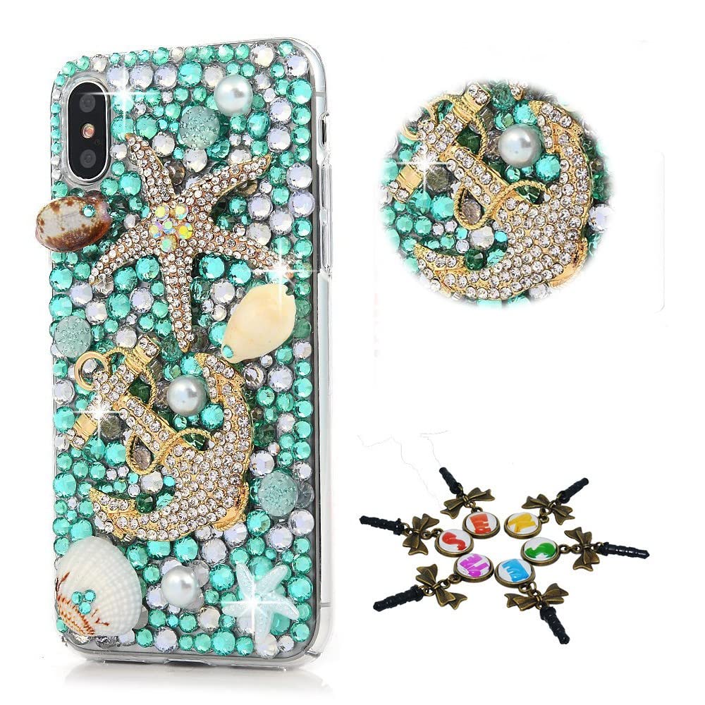 STENES Sparkle Series 3D Handmade Bling Case for iPhone 11 Pro Max (6.5 Inch 2019) - Stylish Starfish Anchor Shell Design - Blue Glitter Phone Cover | Perfect for Beach Vacations, Summer Outings & Fashion Accessories