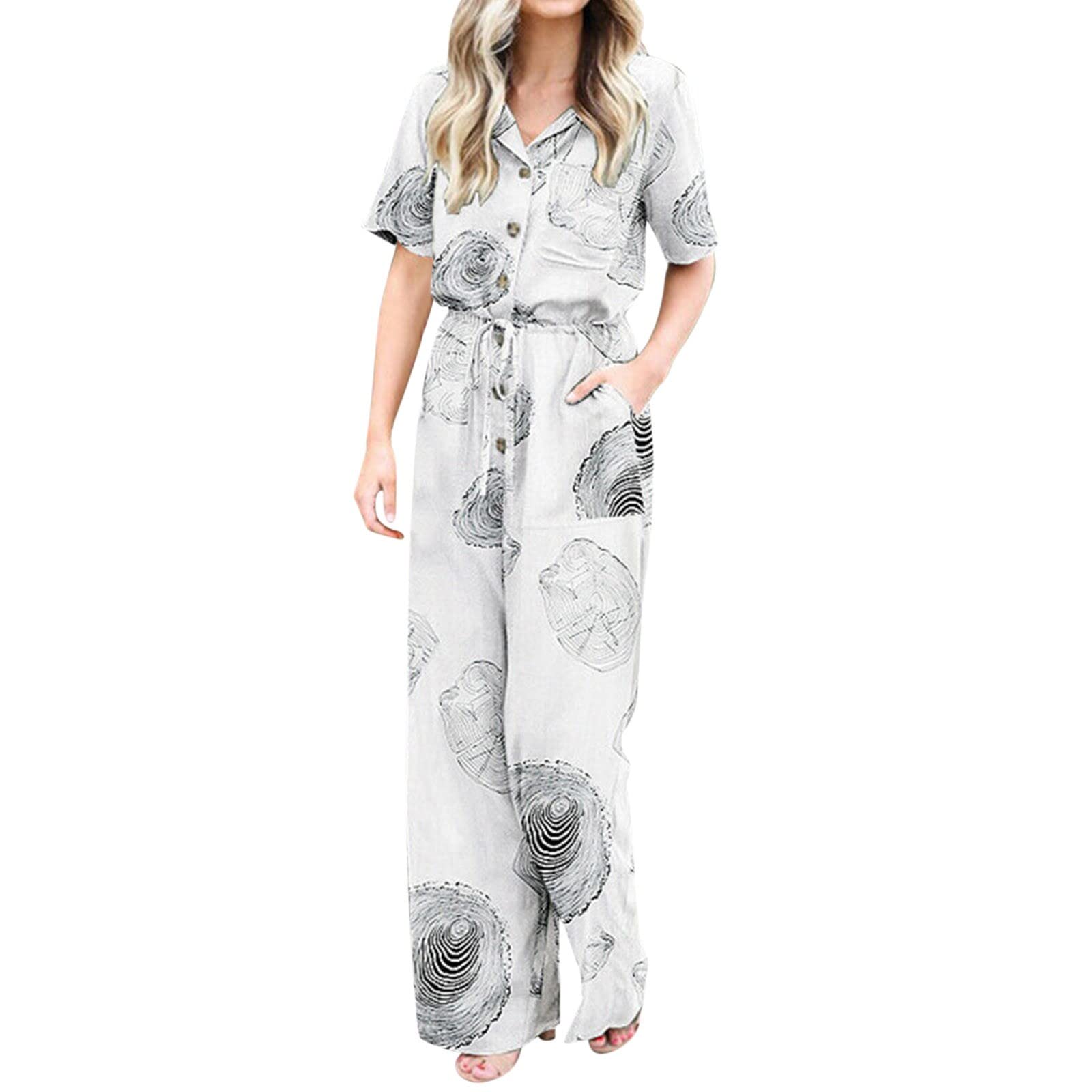 Keep Sunday Women's Fashion Casual Print Button Short Sleeve Shirt Pocket Jumpsuit - Ladies Snow Bibs for Outdoor Activities, Winter Sports & Casual Wear