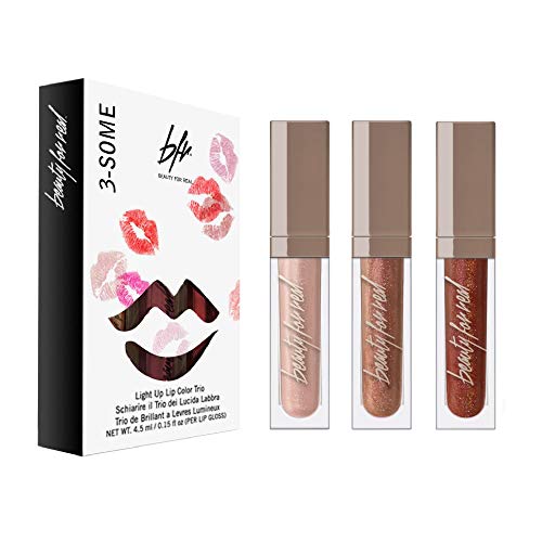 Beauty For Real 3-Some Lip Trio Set - Rock & Rose Lip Gloss & Shine (Starlust, Dream On, Rebel Rebel) - Non-Sticky Plumping Hydrating Lip Gloss with LED Light & Mirror - Perfect for Daily Wear, Night Out & Gift Giving