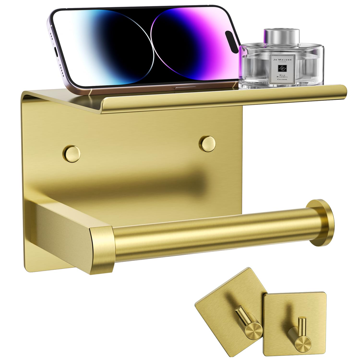 Tindbea Wall Mounted Toilet Paper Holder with Phone Shelf & Towel Hooks - Stainless Steel Bathroom Tissue Roll Dispenser (Brushed Gold) - Adhesive or Screw Installation for Bathroom, Kitchen, RV & Office Organization