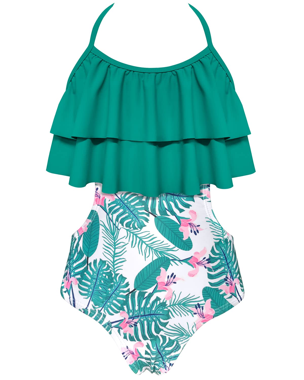 SHEKINI Girls Halter One Piece Swimsuit - Hawaiian Flounce Cutout Bathing Suit for Kids | Perfect for Beach Vacations, Pool Parties & Summer Fun