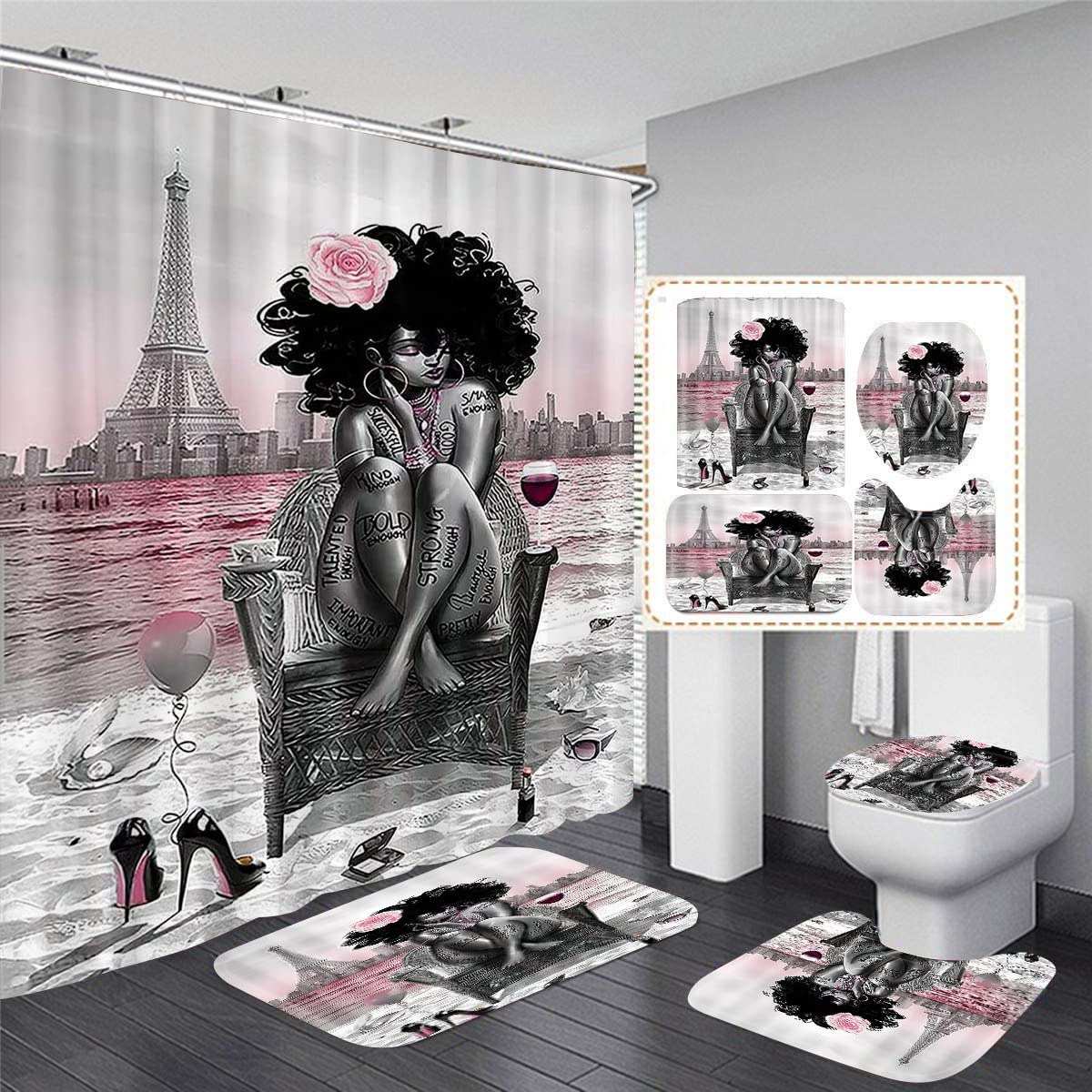 MrLYouth 4-Piece Black Girl Shower Curtain Set with Eiffel Tower & High Heels Design - Includes Non-Slip Bath Mat, Pink Sea Theme, 71x71 Inches - African American Woman Inspirational Quote Decor for Bathroom, Beach & Romantic Style - Perfect for Home, Apartment & Dorm Room Decor