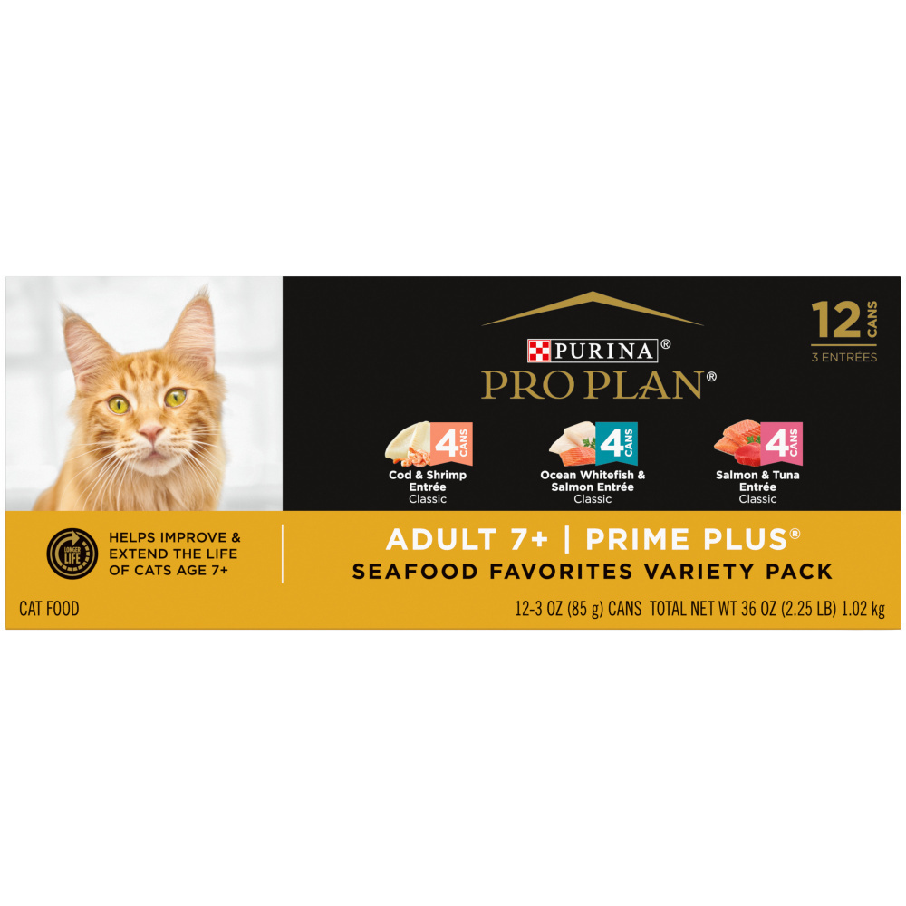 Purina Pro Plan Grain Free Senior Wet Cat Food - Prime Plus Seafood Favorites Pate Variety Pack | High Protein, Easy to Digest for Older Cats | Perfect for Picky Eaters & Senior Cat Nutrition