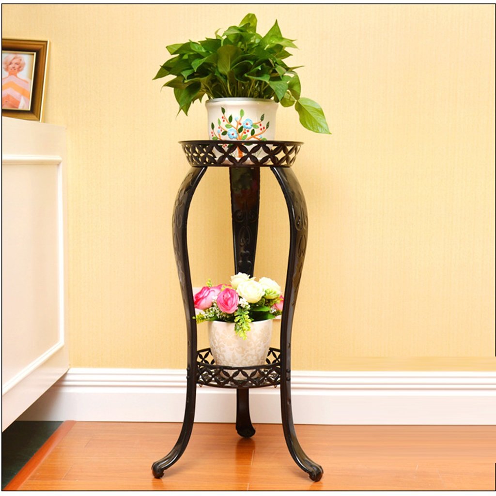 2-Tier Black Iron Standing Flower Pot Rack - Indoor/Outdoor Plant Storage Stand for Home, Garden & Greenhouse Decor | Perfect for Patio, Balcony & Living Room Display