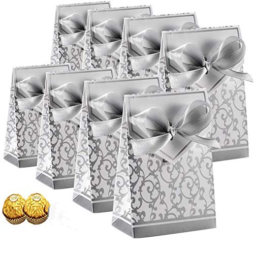 50PCS Gold Ribbon Wedding Favor Candy Boxes - Elegant Sliver Candy Bags for Wedding Party, Birthday, Baby Shower & Easter Decorations - Perfect for Party Favors, Gift Packaging & Dessert Displays