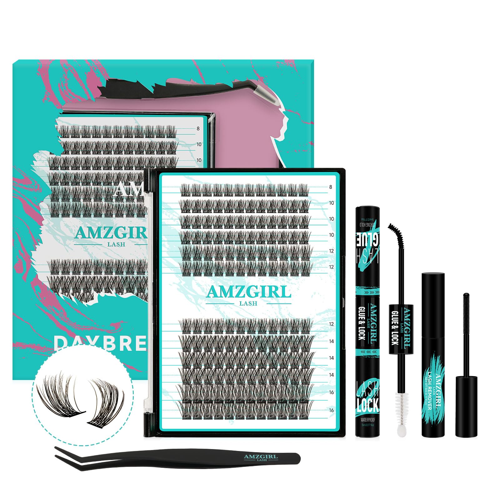 AMZGlRL DIY Lash Extension Kit - Daybreak Lash Clusters with Bond & Seal, Eyelash Remover & Applicator (D-Mix 8-16mm) for Professional Salon-Quality Lashes at Home | Perfect for Bridal, Party & Everyday Glam