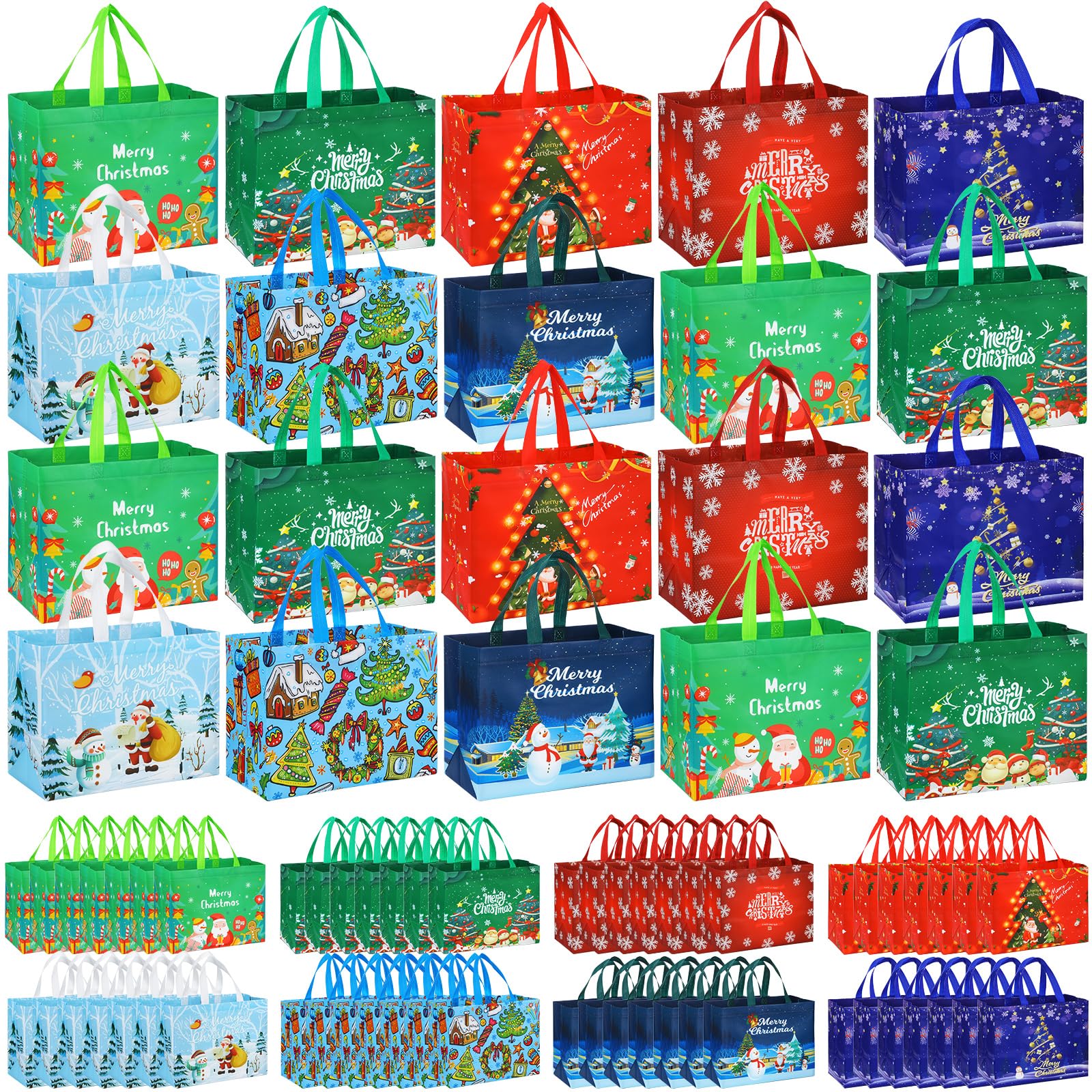 200 Pcs Christmas Gift Bags Bulk - Reusable Holiday Tote Bags with Handles for Xmas Presents, Party Favors & Grocery Shopping - Classic Style Non-Woven Fabric Gift Bags