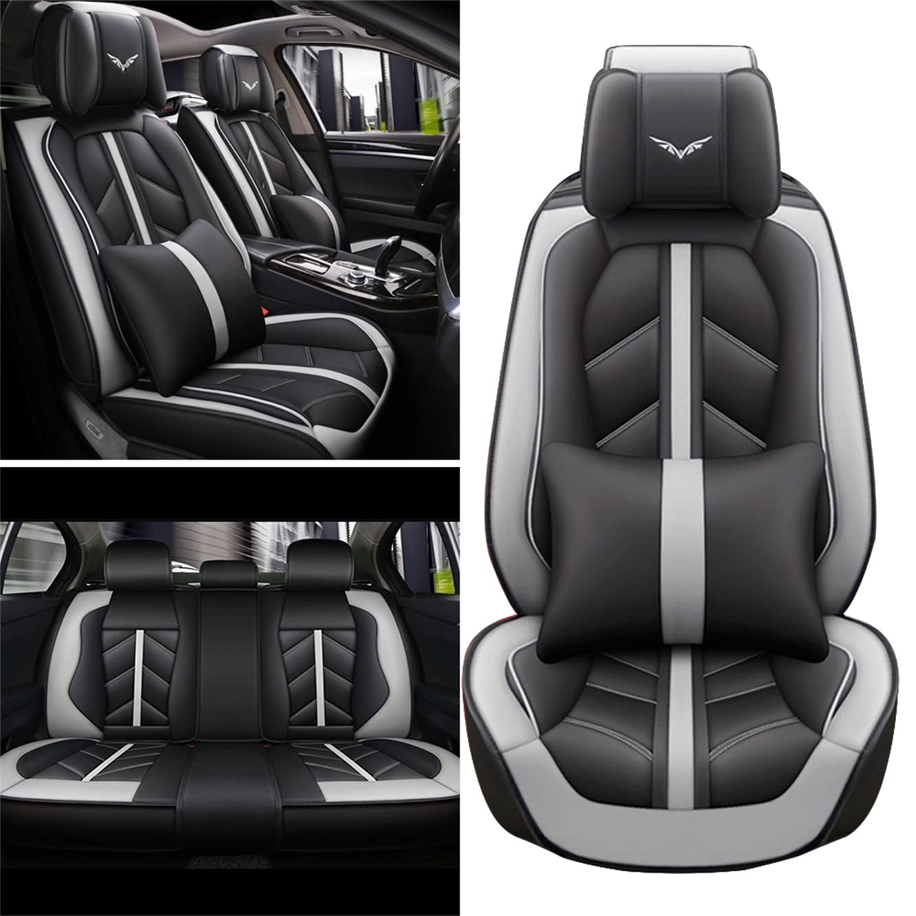 Premium Leather Car Seat Covers for Acura MDX 2003-2022 Models - 5-Seat Full Set, Waterproof & Airbag Compatible - Black & Grey (Includes Neck Pillows) - Perfect for Family Road Trips, Daily Commutes & Pet Protection