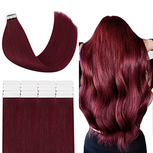 YoungSee Burgundy 24-Inch Human Hair Tape-In Extensions (50g, 20pcs) - Invisible Real Hair Extensions for Length & Volume - Perfect for Parties, Weddings & Daily Styling