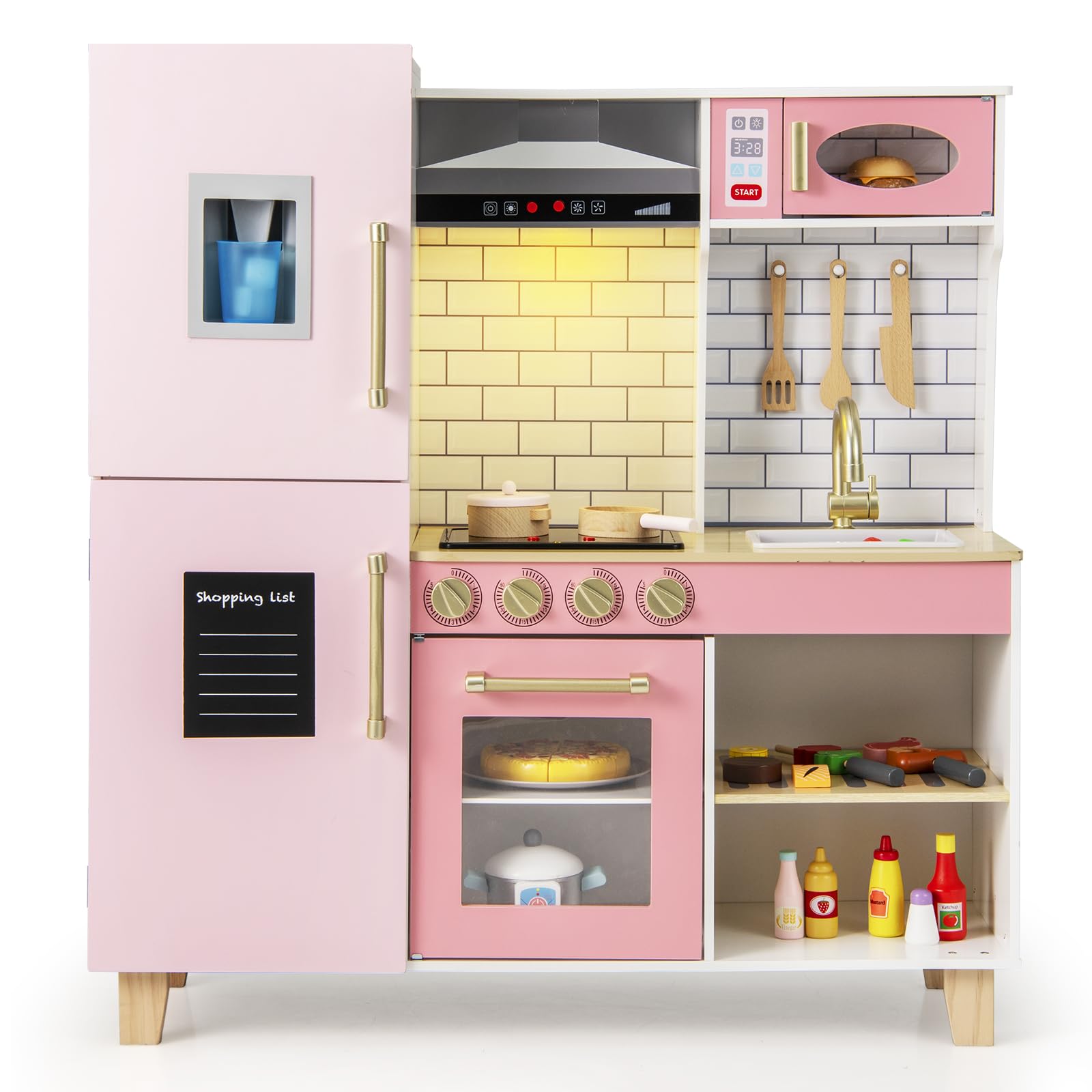 Costzon Wooden Kids Kitchen Playset with BBQ Grill, Ice Maker, Range Hood & Cooking Accessories - Interactive Pretend Play Toy Kitchen with Lights & Sounds, Blackboard - Perfect Gift for Toddlers Ages 3+ (Ideal for Birthday, Christmas & Role-Playing Fun)