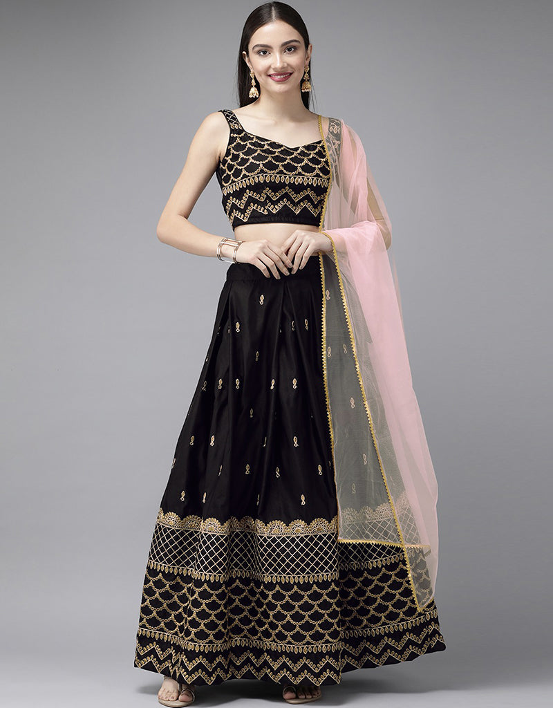 Elegant Black Taffeta Satin Lehenga Choli for Women - Traditional Indian Bridal Dress for Wedding, Festivals & Special Occasions