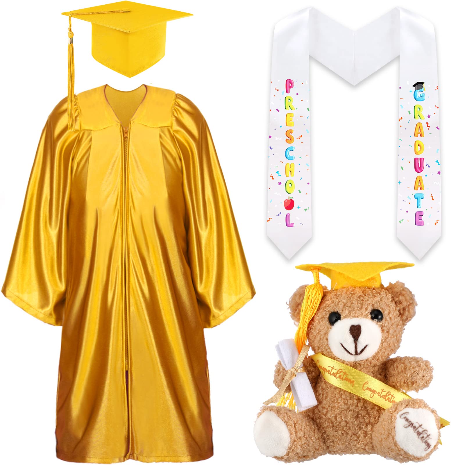 4-Piece Preschool Graduation Set - Gown, Cap with Tassel, Stole & Plush Bear | Graduation Gifts for Kids | Kindergarten & Daycare Ceremony Accessories
