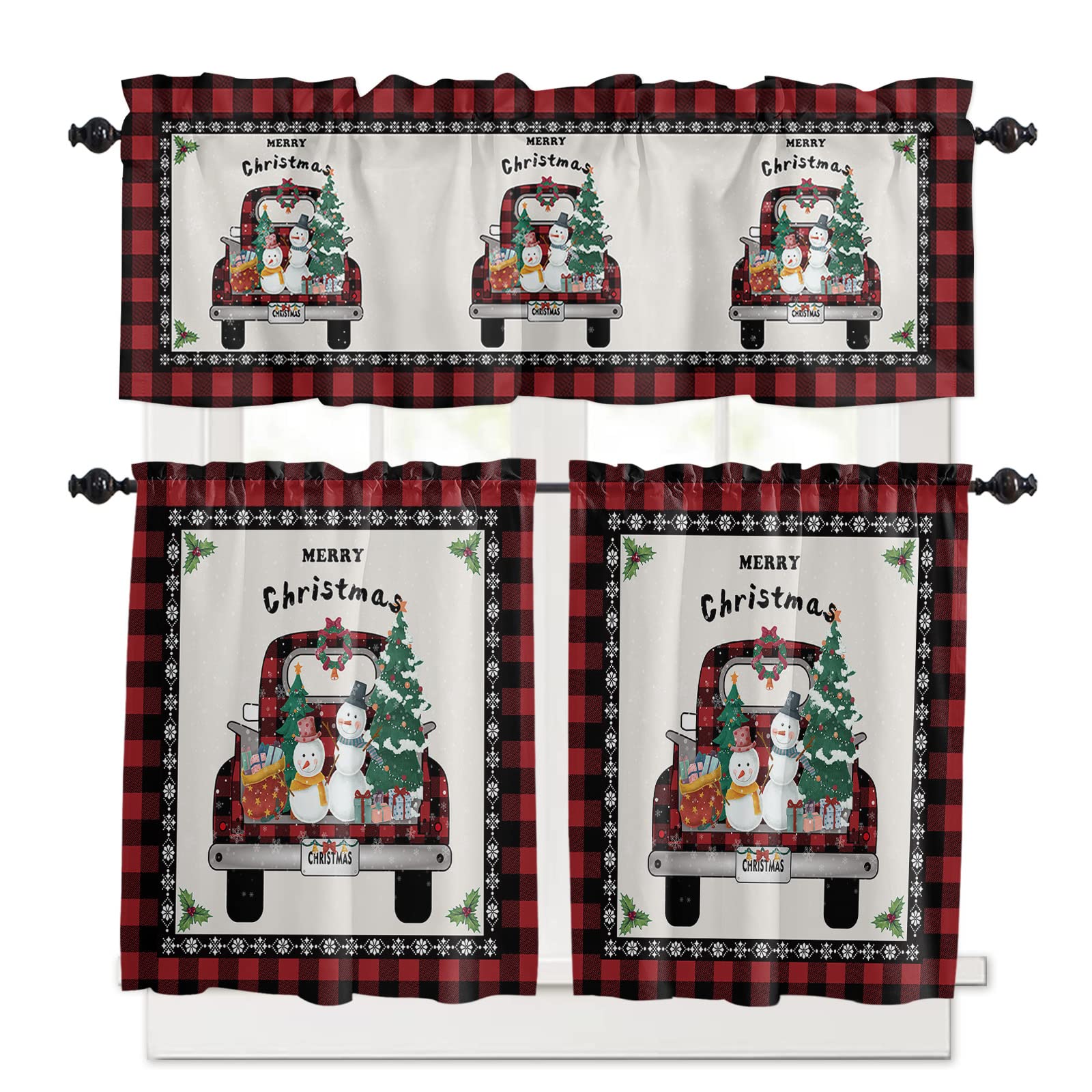 Red Plaid Truck with Snowman 3-Piece Window Curtain Set - Tiered Panels & Valance, White Snowflake Lace Trim, 24 Inch Length for Small Windows - Perfect for Christmas Decor in Living Room, Kitchen, or Bedroom