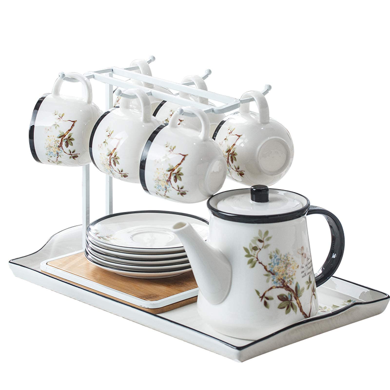 British Royal Afternoon Tea Set - 6-Piece Ceramic Coffee Cups & Saucers with Teapot, White Cup Holder Display Stand & Tea Tray - Perfect for High Tea Parties, Bridal Showers & Elegant Home Decor