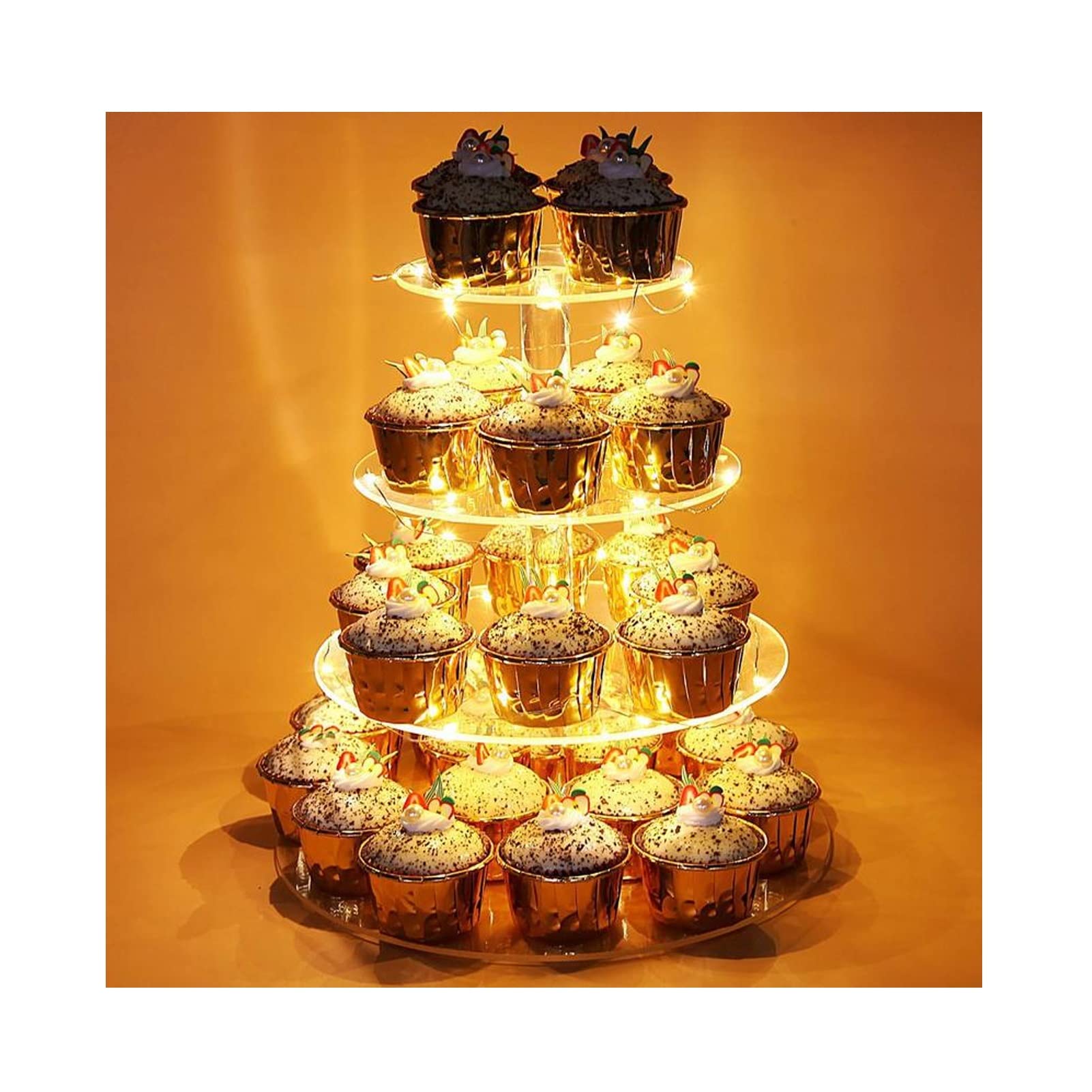 4 Tier Round Acrylic Cupcake Display Stand with LED Lights - Elegant Dessert Tower for Birthday, Wedding & Party Decor - Perfect for Bakeries, Cafes & Events (Warm White Light)