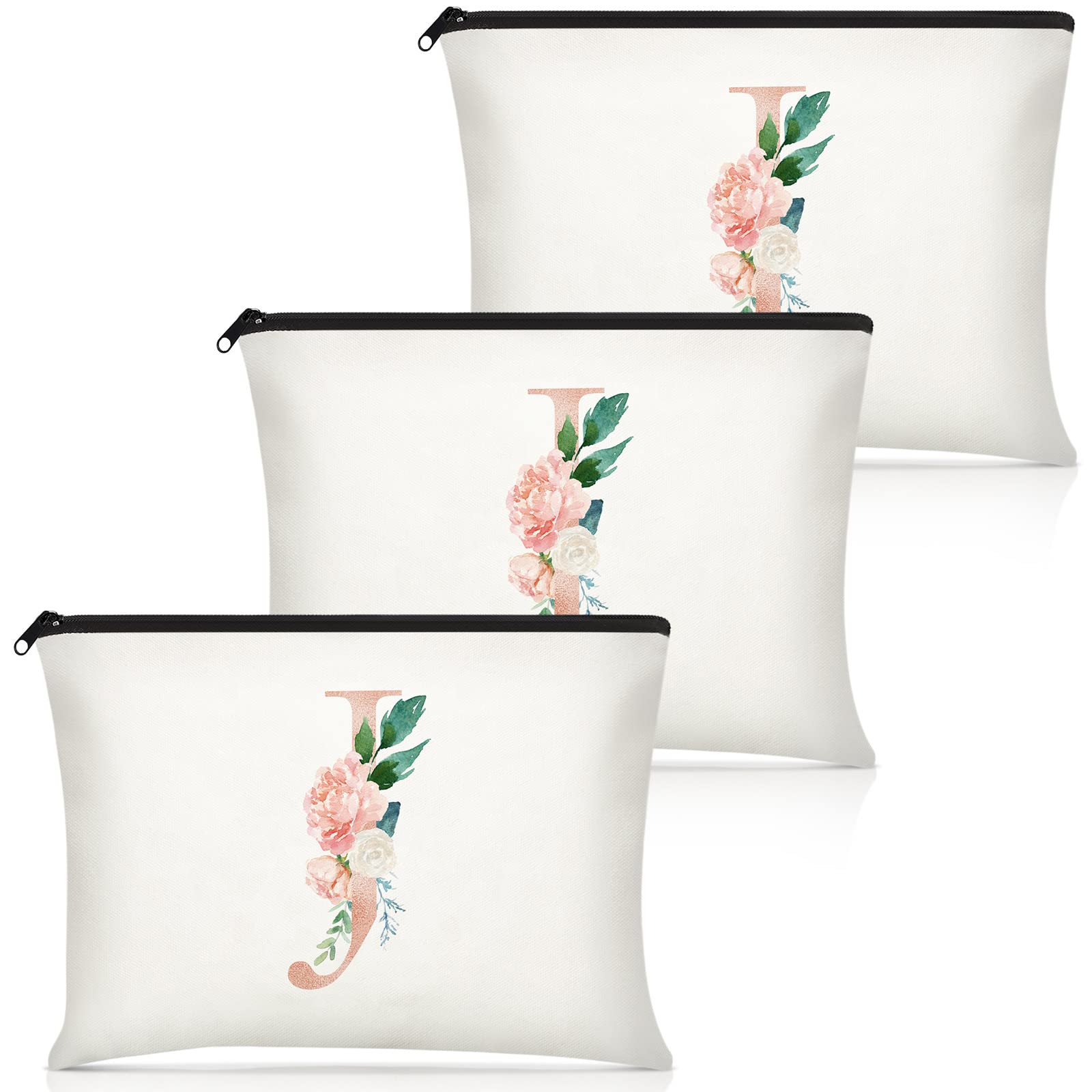 Floral Monogram Makeup Bag for Women - Wedding, Bridal Shower & Birthday Gift - 9x6 Inches (J Style)