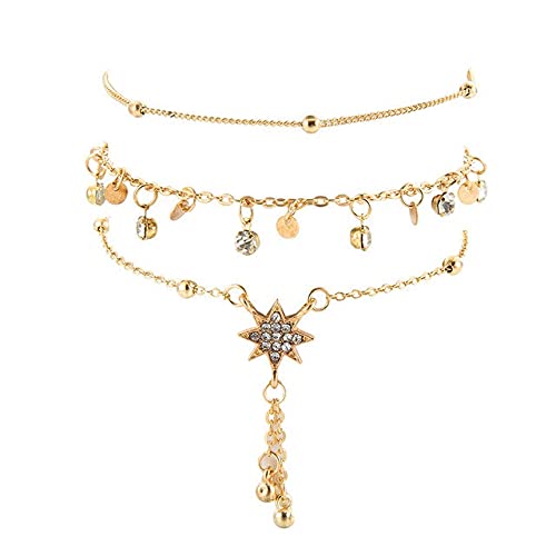 NLXTXQC Women's 3 Piece Boho Jewelry Set - Summer Butterfly Anklet, Beaded Six-Pointed Star Pendant Alloy Bracelet & Foot Chain (Gold) - Perfect for Beach, Festival & Boho Fashion Outfits