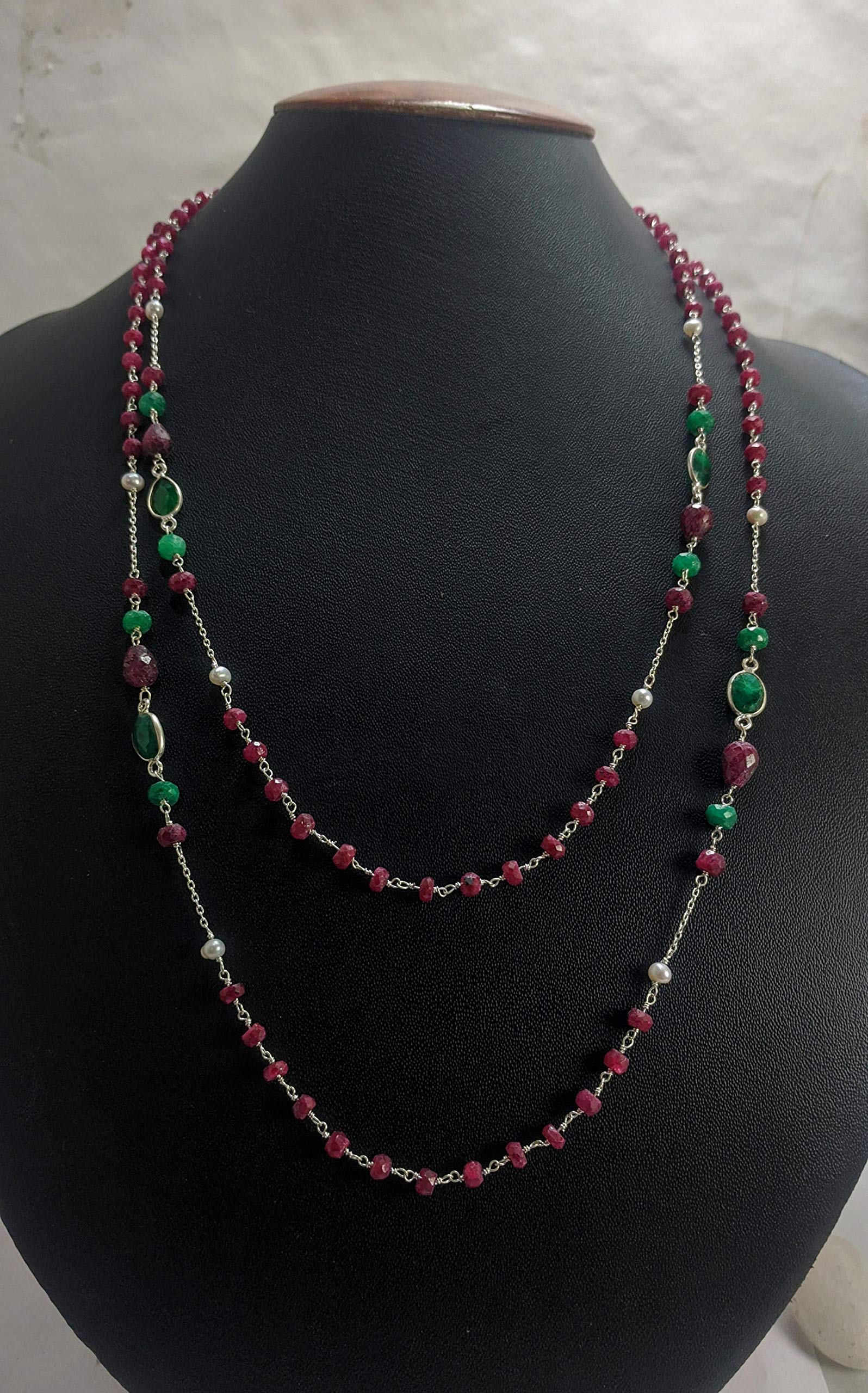 Natural Green Sapphire Pearl Ruby Necklace - 925 Sterling Silver Beaded Chain for Elegant Occasions