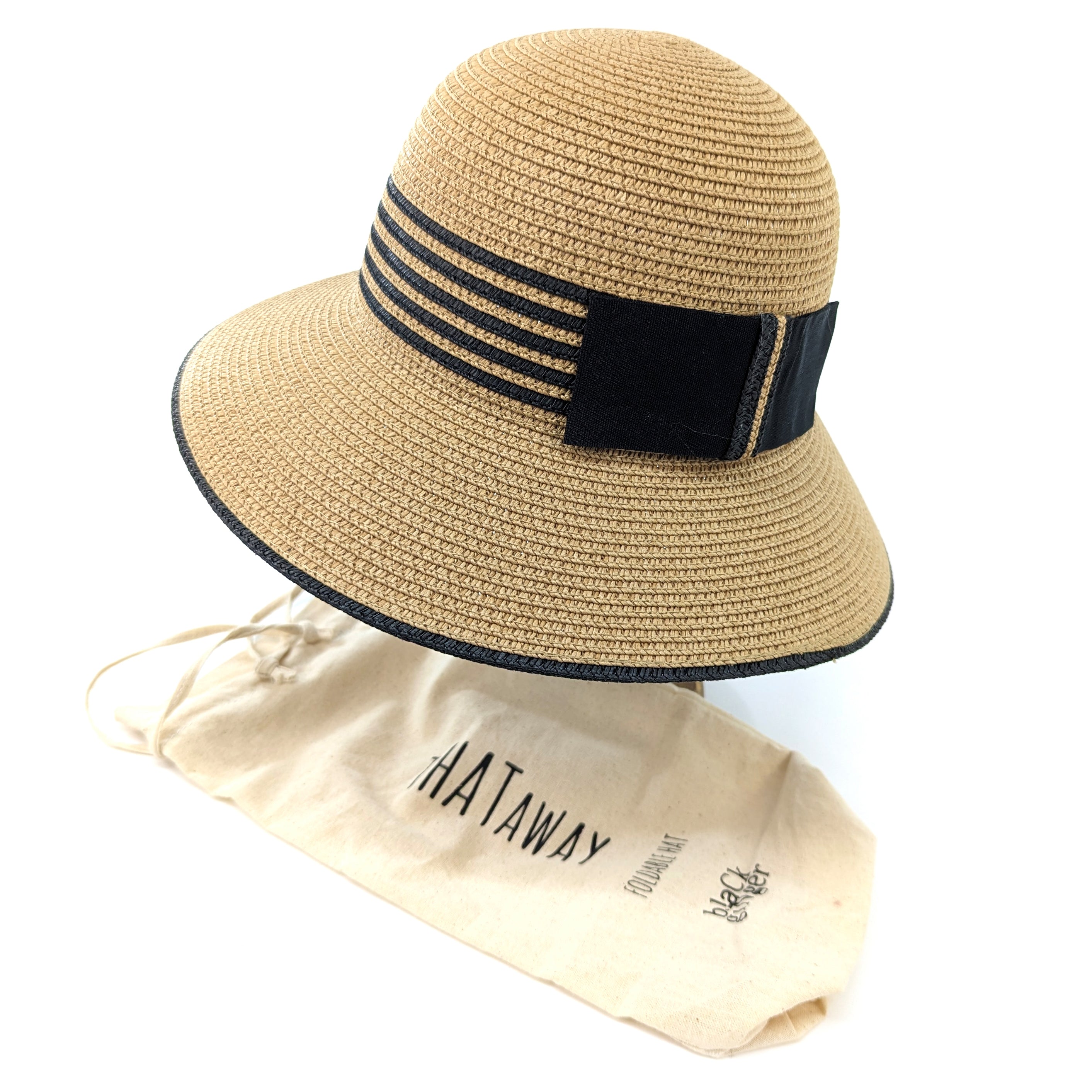 Foldable Cloche Sun Hat for Women - Natural Straw with Black Striped Band - Perfect for Travel, Beach, and Outdoor Activities