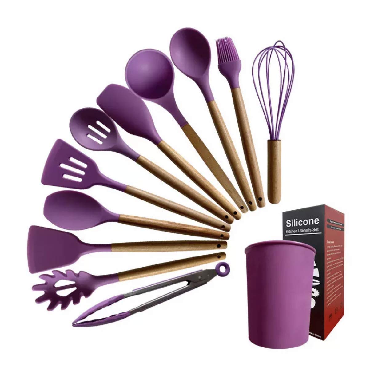 12-Piece Silicone Kitchen Utensil Set with Wooden Handles - Heat Resistant, BPA-Free Cooking Tools (Purple) - Perfect for Baking, Frying & Everyday Meal Prep