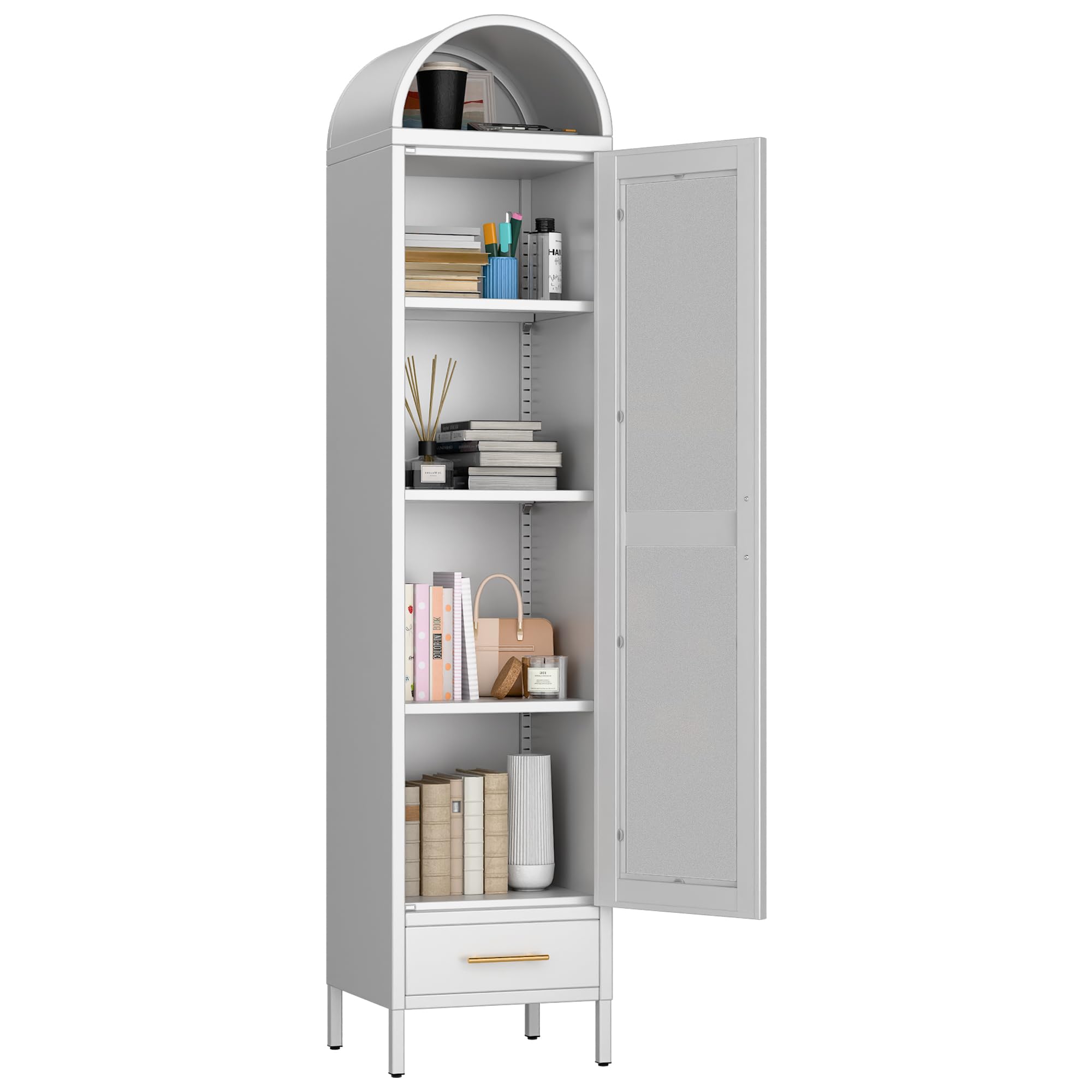 METAN White Metal Arched Storage Cabinet with Glass Door, Drawer & 3 Adjustable Shelves - Modern Bookshelf for Living Room, Kitchen, Pantry | Perfect for Home Organization & Displaying Decor Items
