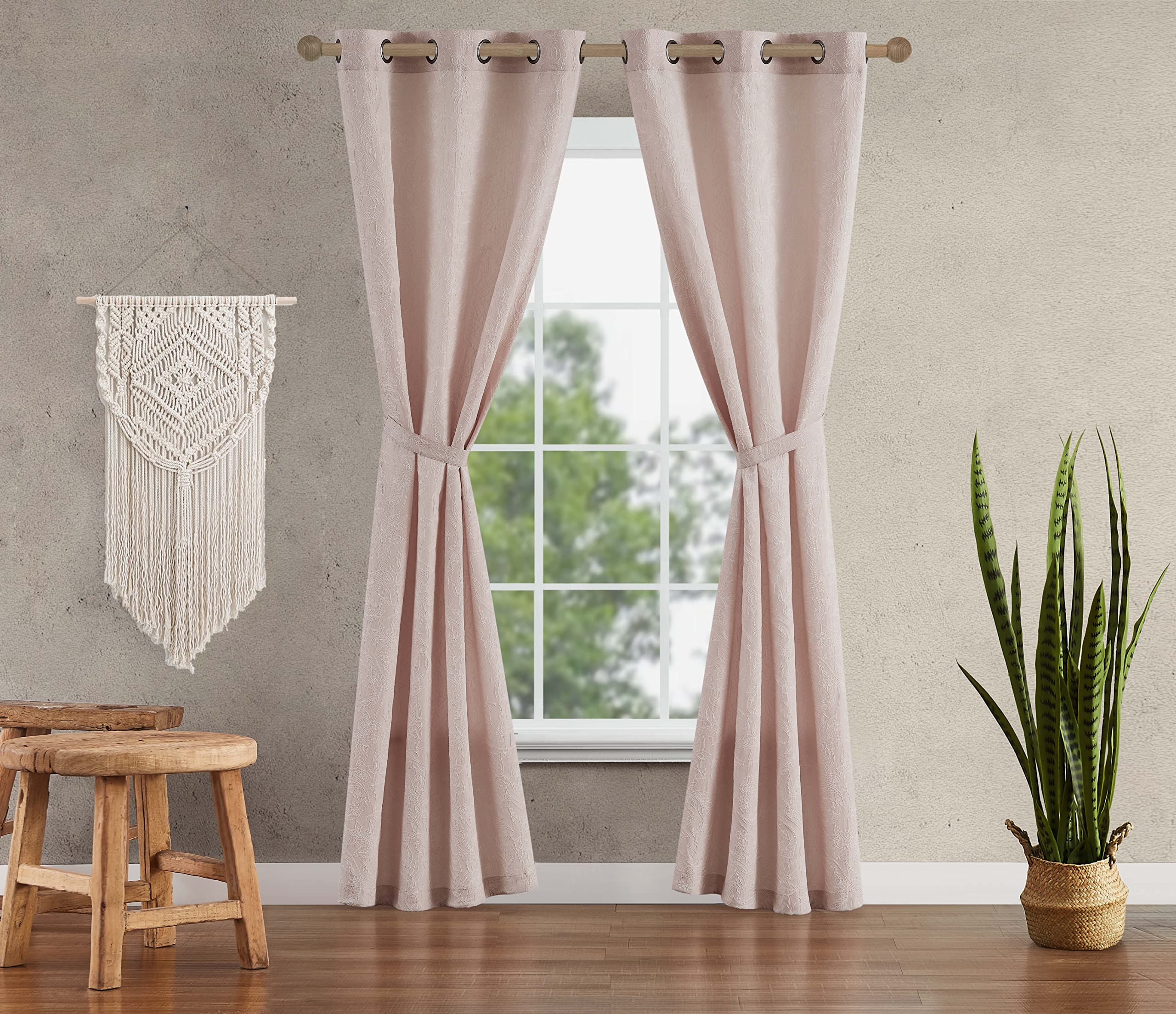 Jessica Simpson Groovy Textured Floral Paisley Blackout Curtains Set of 2 Panels with Tiebacks - 38x96 Inch Thermal Insulated Room Darkening Drapes for Bedroom & Living Room - Blush Pink Home Decor