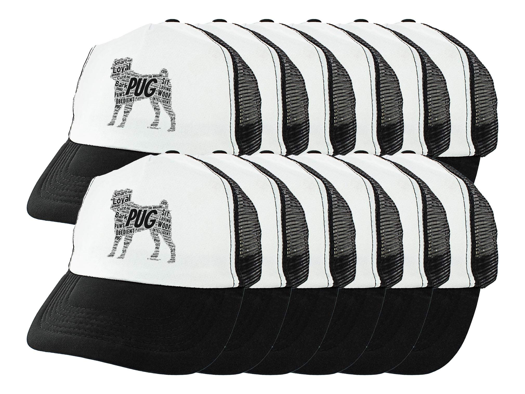 Pug Lover Trucker Hat - Pug Dog Silhouette & Word Collage Design - Perfect Gift for Pug Owners - Great for Dog Parks, Pet Events & Casual Wear
