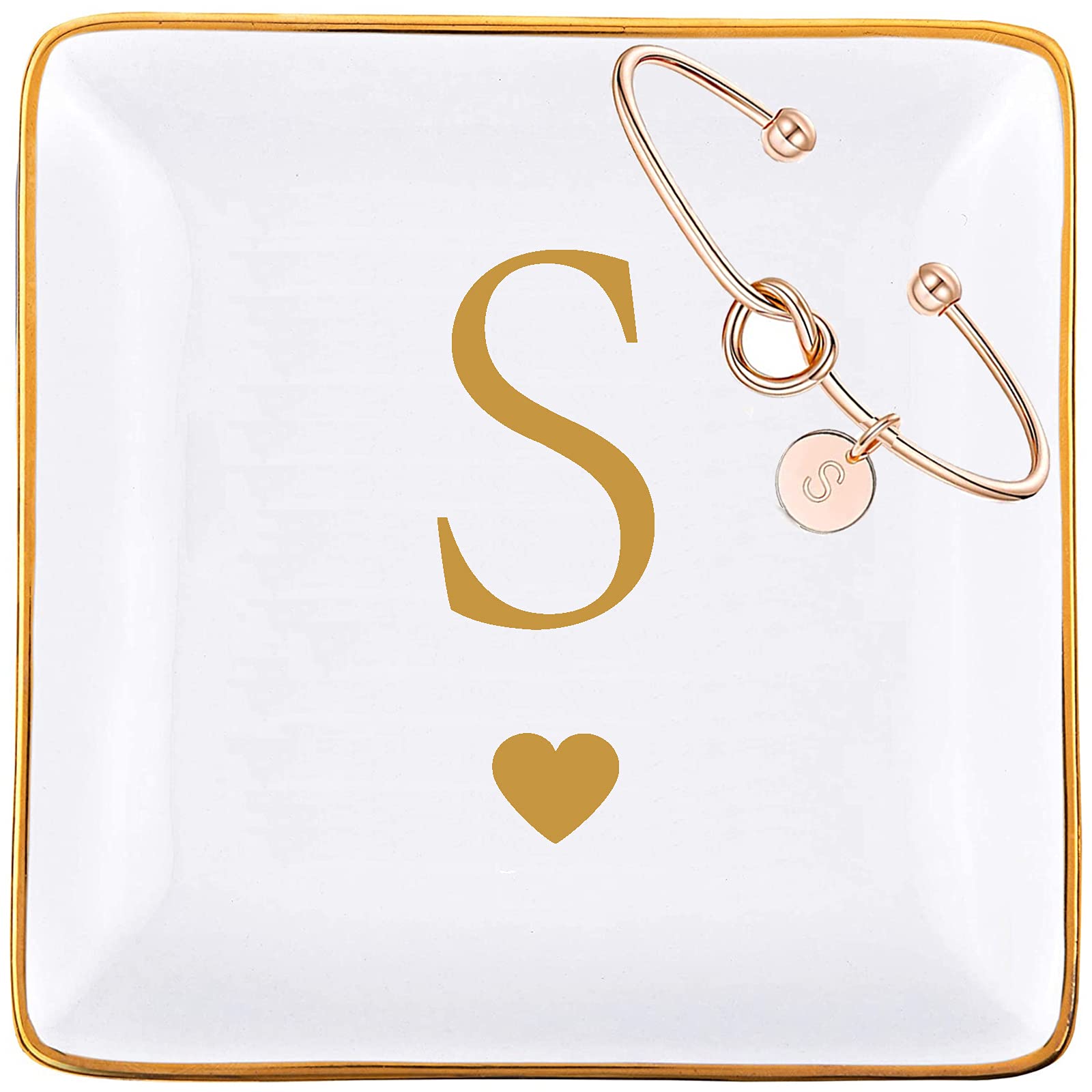 Personalized Ceramic Jewelry Tray with Gold Initial & Rose Gold Knot Bracelet - Elegant Ring Dish, Key Holder & Trinket Bowl Set for Women - Perfect Gift for Mom, Grandma, Daughter, Sister, Friend (Letter S) - Ideal for Birthday, Bridesmaid Gifts & Home Decor Organization