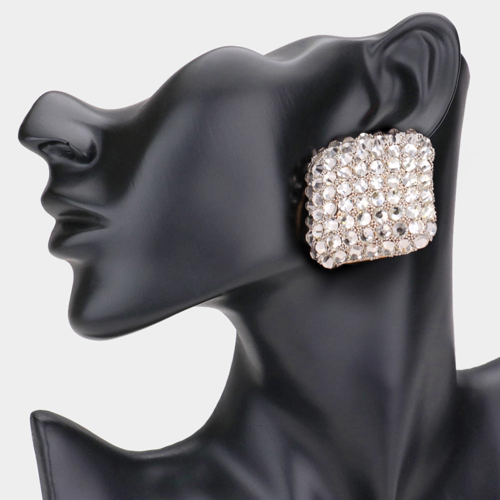 Clear Crystal Stoned Embellished Square Pageant Earrings in Gold - Elegant Prom Jewelry for Women | Perfect for Pageants, Prom Nights & Special Occasions