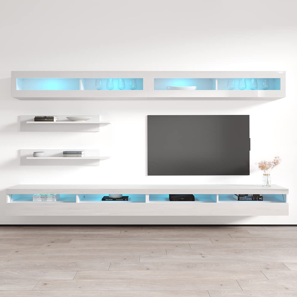Modern White Wall-Mounted TV Stand with Storage Shelves & LED Lights - Floating Entertainment Center Console for Living Room & Bedroom - Perfect for 35