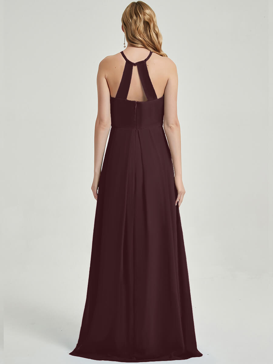 Elegant Cabernet Halter Neck Empire Waist Pleated Open Back Chiffon Bridesmaid Dress - Perfect for Weddings, Formal Events & Special Occasions