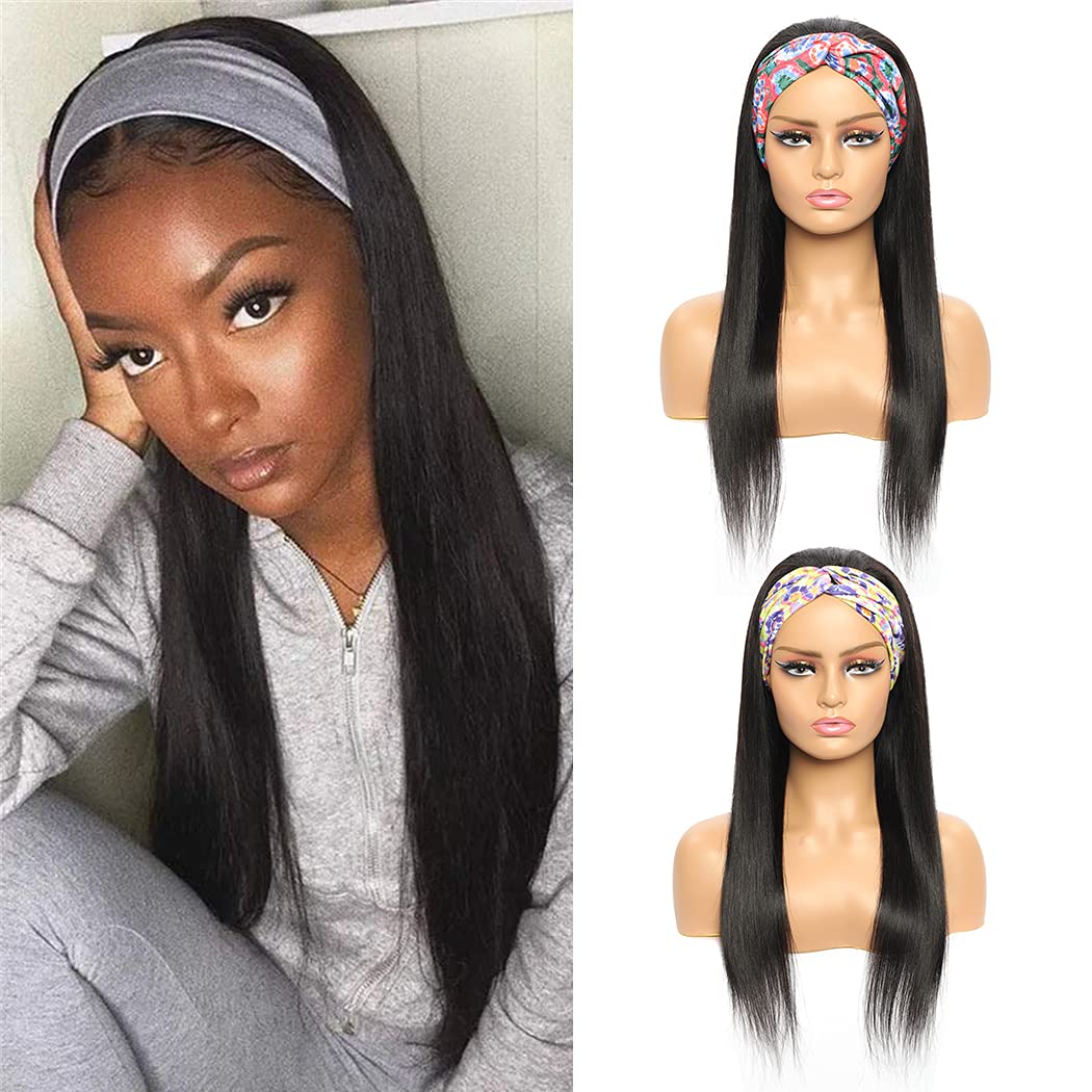 Brazilian Straight Human Hair Headband Wigs for Black Women - Glueless No Lace Front Virgin Hair 150% Density, 16 Inch Natural Color | Perfect for Daily Wear, Parties & Protective Styling