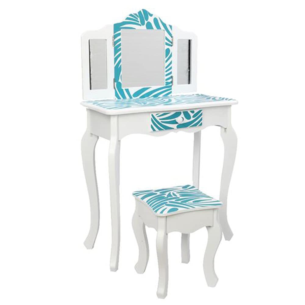**Blue Makeup Vanity Dressing Table & Stool Set with 3-Fold Mirror & Drawer – Elegant Dresser Desk with Curved Foot for Kids, Women & Girls – Perfect for Bedroom, Nursery & Beauty Room**