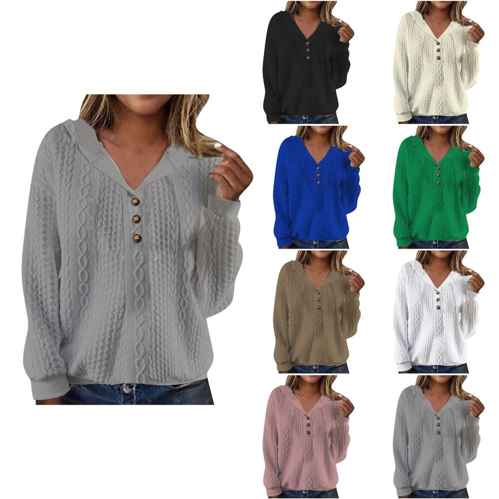 Women's Winter Waffle Hoodie - Loose Fit V-Neck Button Down Pullover Top with Long Sleeves | Solid Color Dressy Hooded Sweatshirt | Perfect for Casual Outings, Layering & Cold Weather Fashion