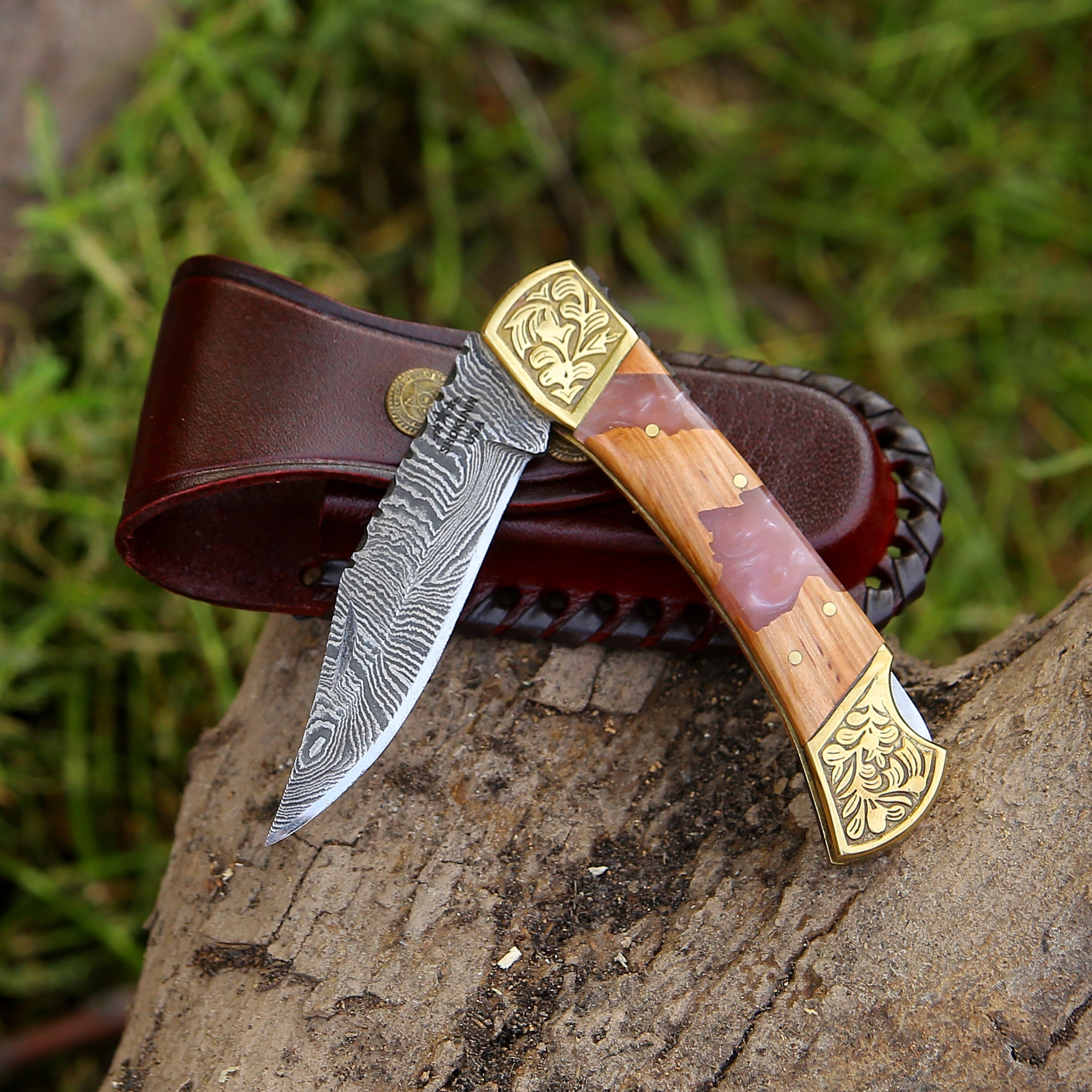 Handmade Damascus Steel Pocket Knife with Leather Sheath & Olive Wood Handle - Perfect for Camping, Hiking, EDC & Outdoor Adventures