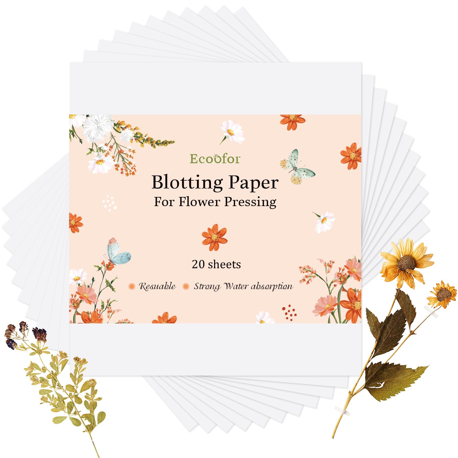 Premium 9x9 Inch Flower Press Blotting Paper - 20 Sheets Highly Absorbent & Reusable for Drying Flowers, Herb Preservation, and Botanical Art Projects - Ideal for DIY Pressed Flower Crafts, Scrapbooking, and Nature Journaling