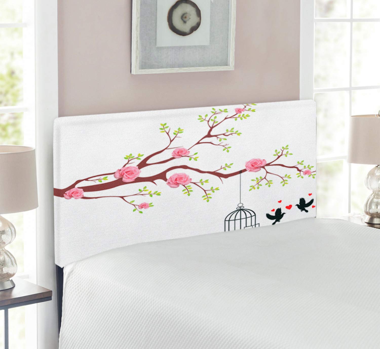 Ambesonne Upholstered Metal Bed Headboard with Memory Foam - Twin Size, Pink Brown White, Romantic Birds & Blossomed Roses Design - Perfect for Master Bedroom, Guest Room & Couples Retreat