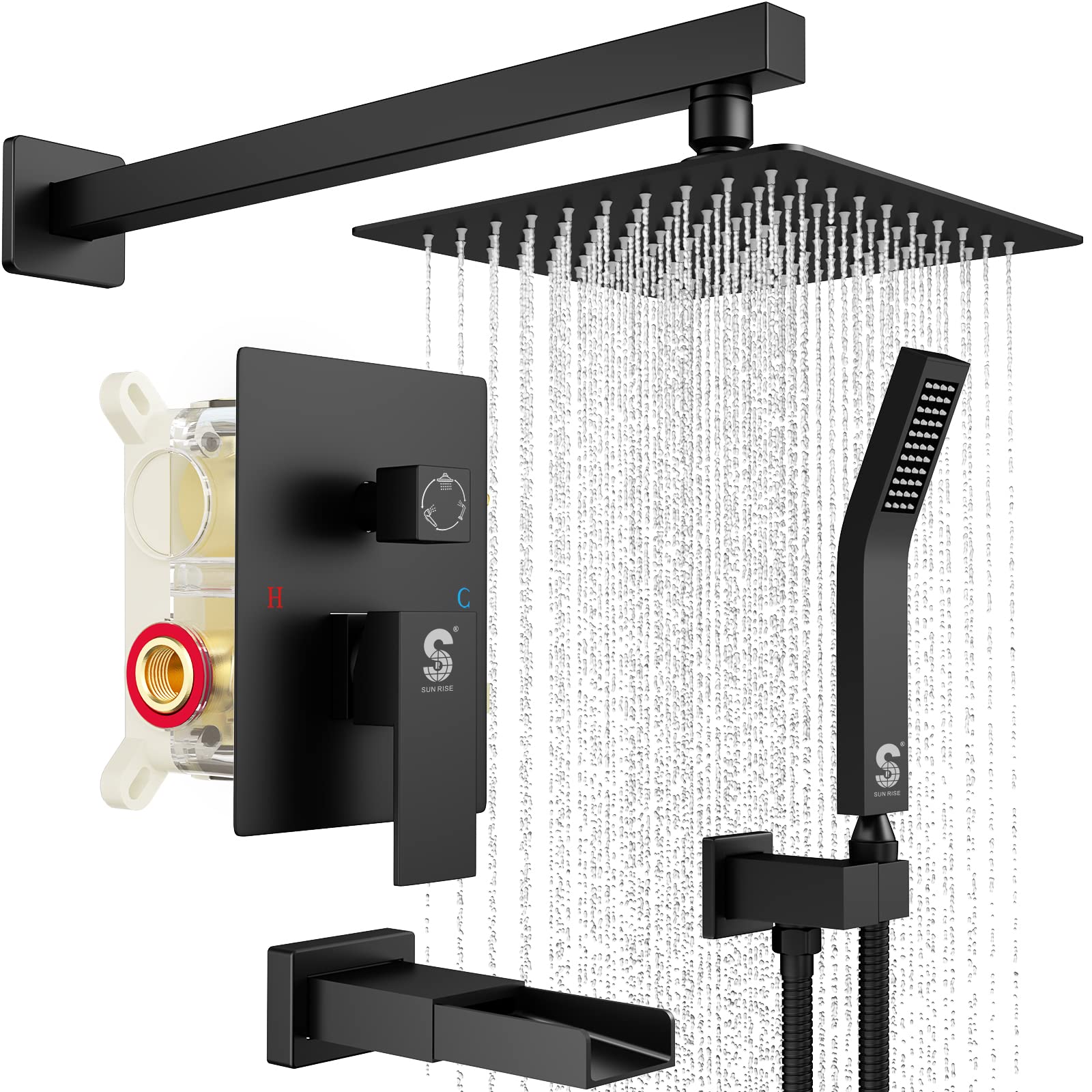SR SUN RISE 8-Inch Matte Black All Metal Bathtub and Shower Faucet Combo Set with Tub Spout, Handheld Showerhead & Valve - Durable Bathroom Fixture for Modern Homes, Spa-Like Shower Experience