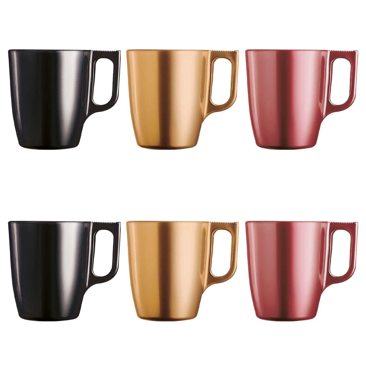Luminarc Flashy Set of 6 Glass Coffee Mugs with Handle - 25cl Microwave Safe Breakfast Cups for Tea, Hot Chocolate & Office Use