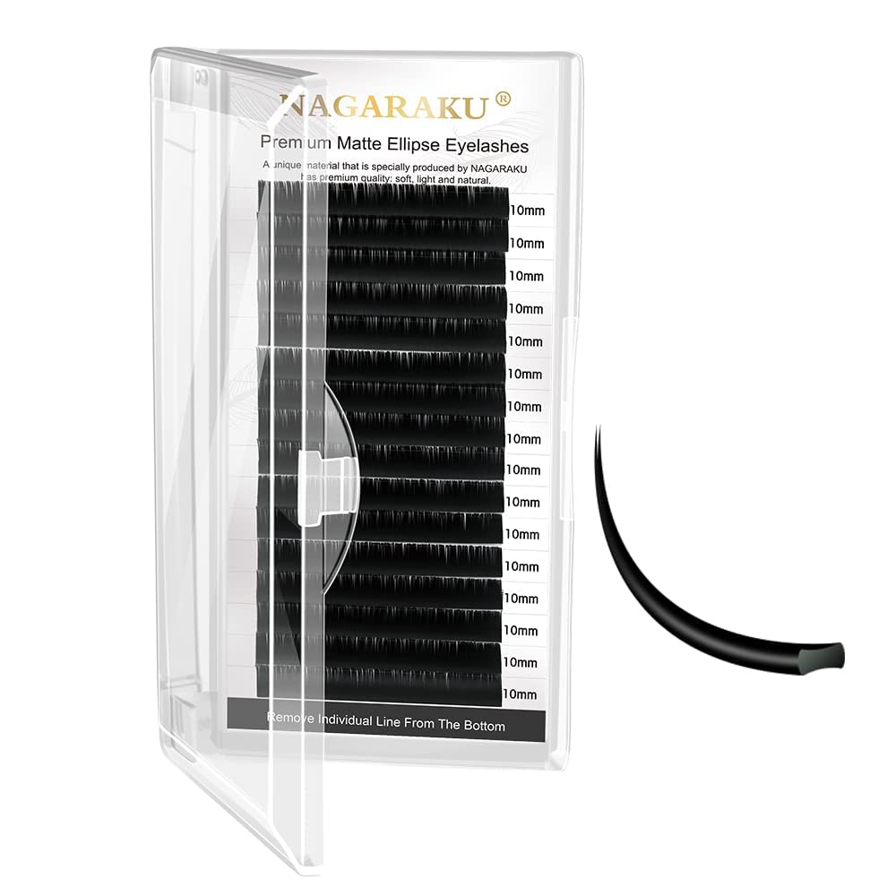Premium NAGARAKU Ellipse Eyelash Extensions - 0.15mm Flat Split Tips, C Curl 10mm Matte Black - Professional Classic Individual Lashes for Salon & DIY Use - Perfect for Bridal, Party & Special Occasion Makeup