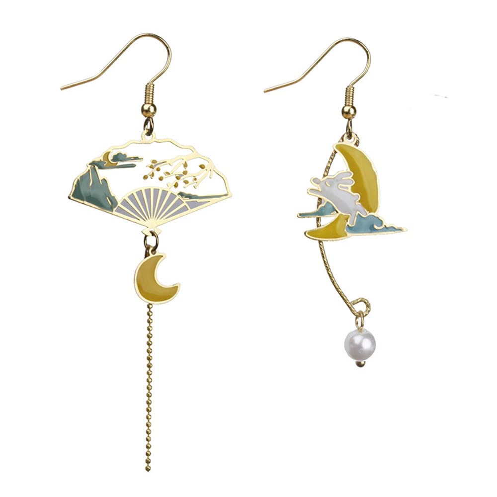 Chinese Style Fan Drop Earrings - Vintage Hollow Asymmetric Metal Dangle Earrings for Women | Ethnic Bohemian Jewelry for Parties, Weddings & Special Occasions