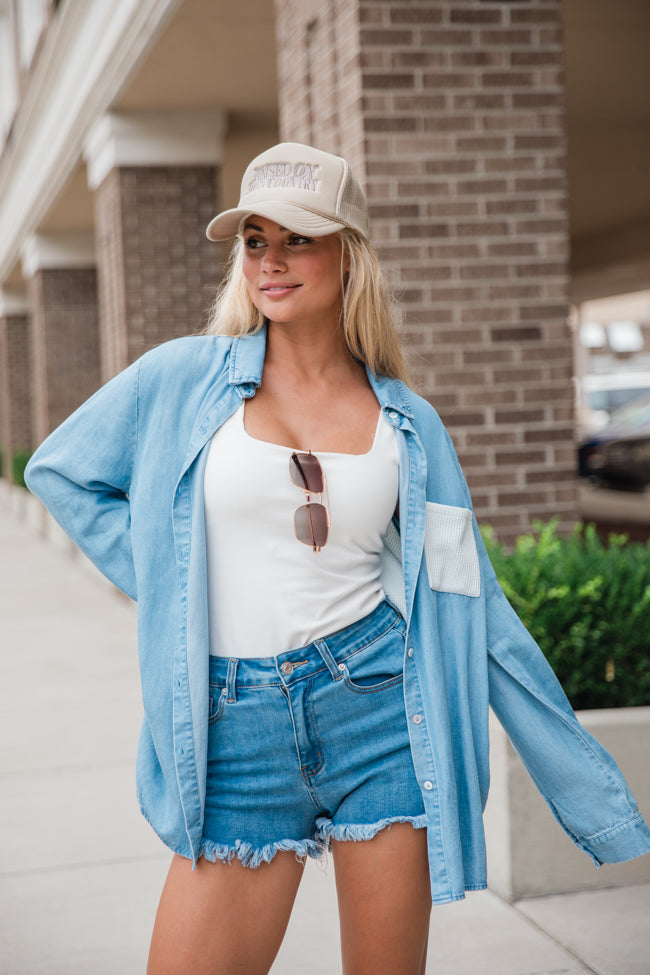 Talk It Over Waffle Detail Chambray Button Front Blouse for Women | Casual Office Wear & Spring Outfits | Trendy Button-Down Shirt with Waffle Texture