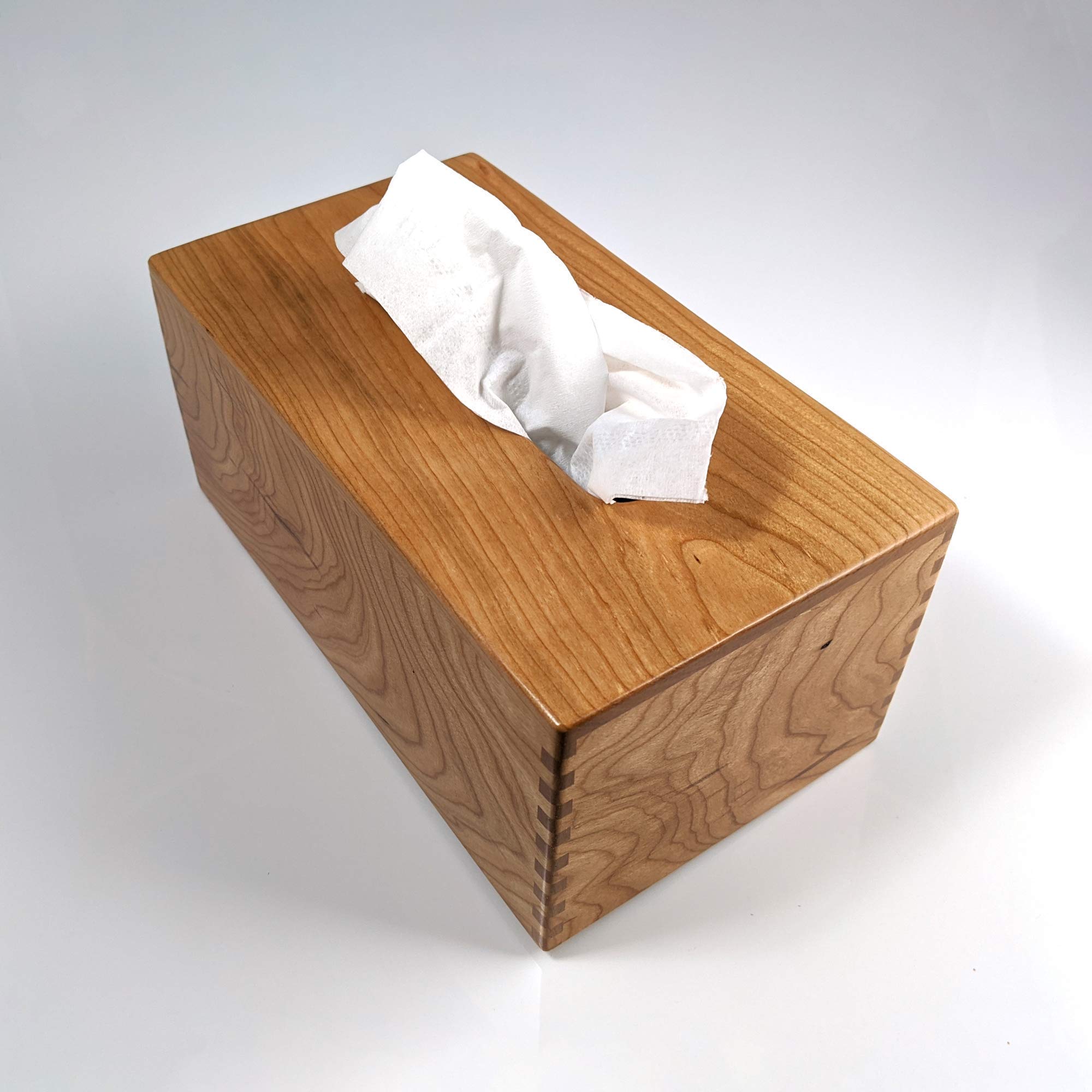 Handmade Cherrywood Tissue Box Cover - Solid Wood Rectangle Tissue Box Holder with Box-Jointed Sides for Home & Office Decor
