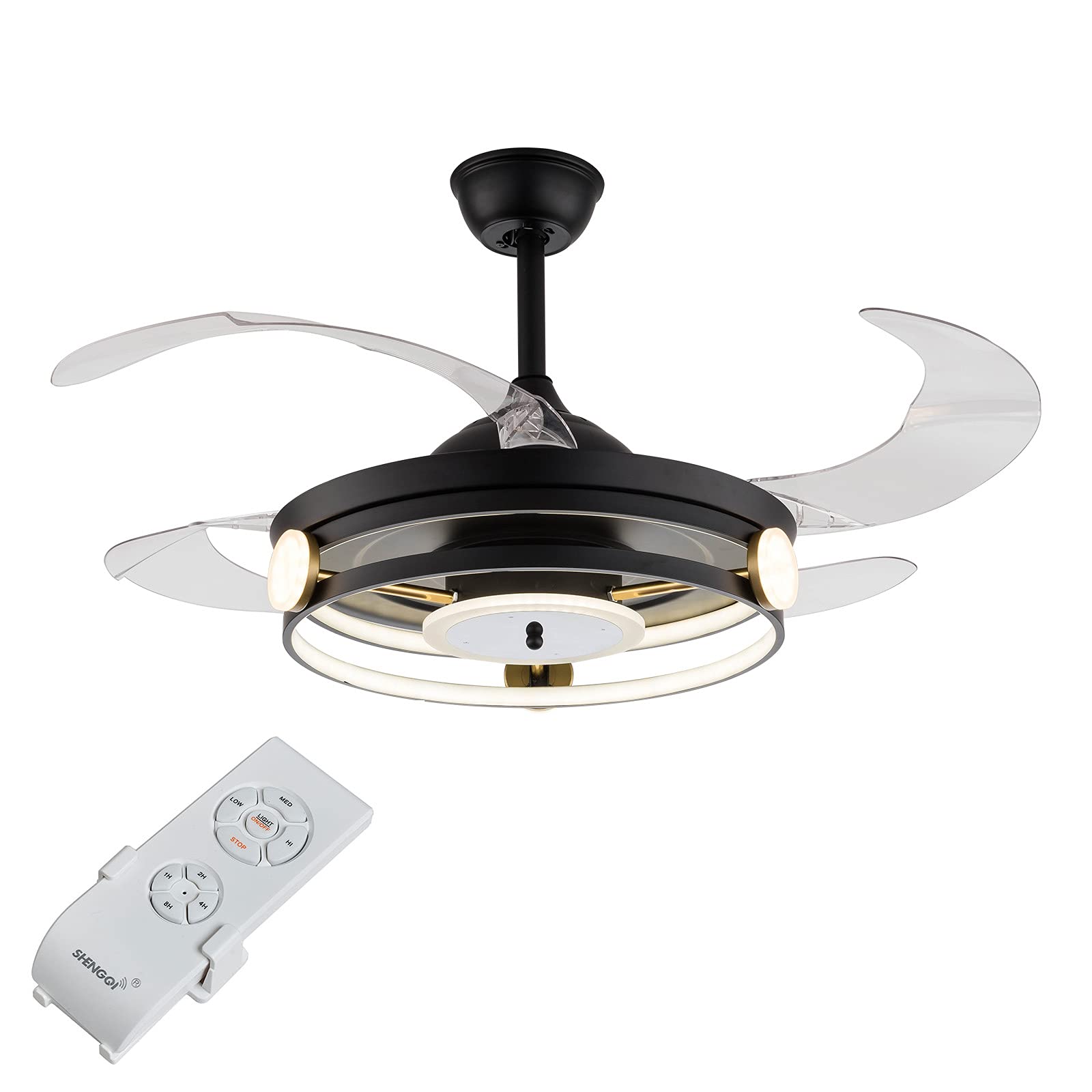 Retractable Ceiling Fan with Light and Remote Control - Low Profile Modern Fan Chandelier for Living Room & Bedroom - 3 Light Modes & Dimmable - Perfect for Home Decoration & Air Circulation (Black)
