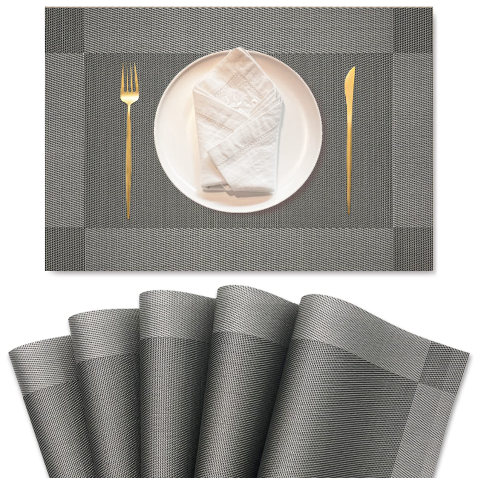 6-Pack PVC Heat-Resistant Placemats Set - Double Sided Washable & Easy Clean Table Mats for Dining, Kitchen, Restaurant - Silver Gray | Perfect for Everyday Meals, Dinner Parties & Holiday Gatherings