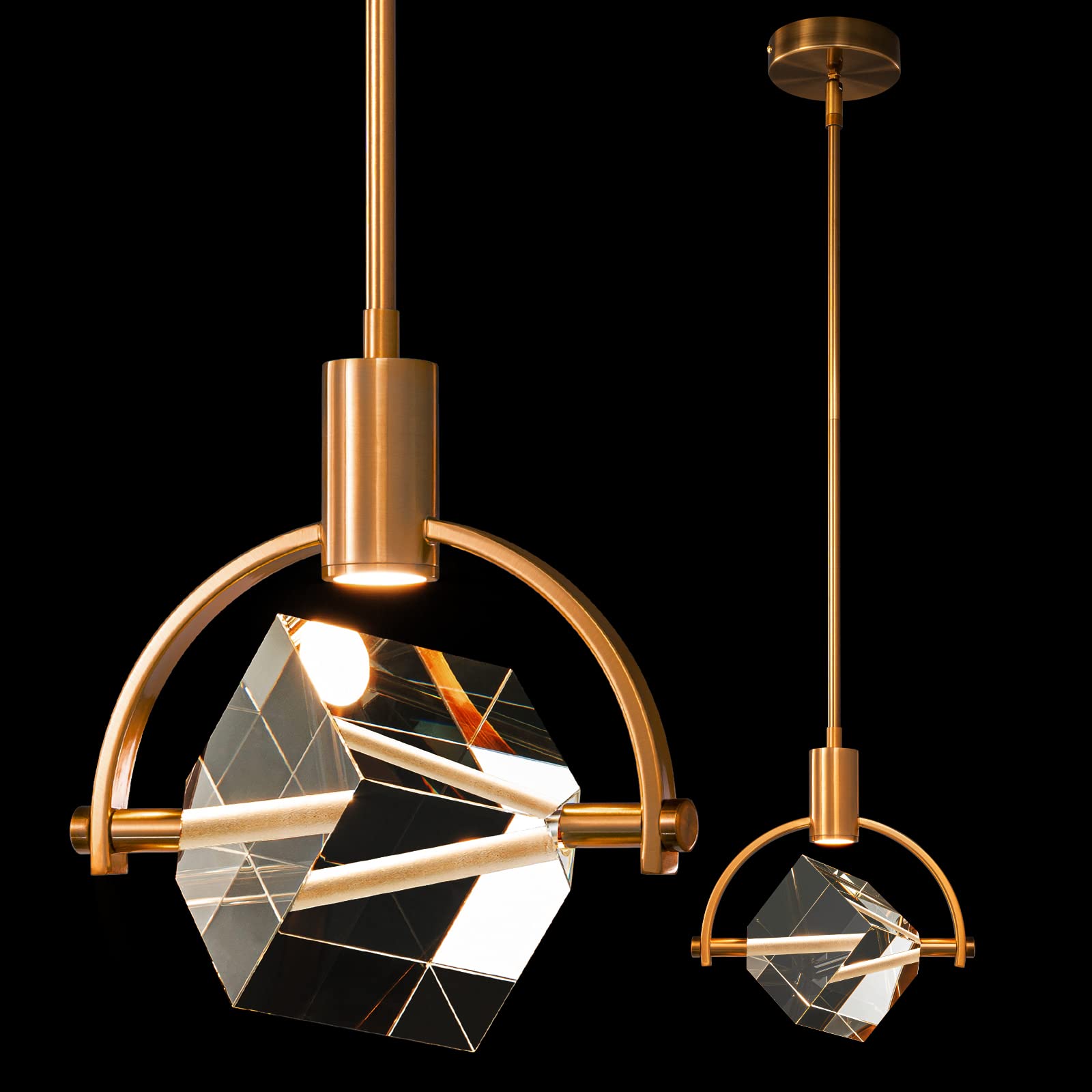 Modern Gold Brushed Brass Crystal Pendant Ceiling Light with Integrated LED - Kitchen Island, Dining Room & Bedroom Lighting Fixture (1-Light) - Perfect for Contemporary Home Decor and Ambient Lighting