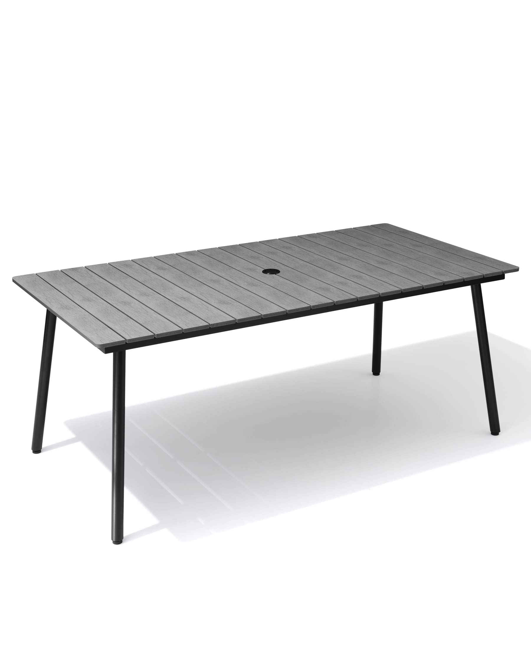 70 Inch Outdoor Dining Table with Wooden-Like Top & Aluminum Frame - Rectangular Patio Table with Umbrella Hole - Weather-Resistant Grey Outdoor Furniture for Garden, Backyard, and Poolside Dining