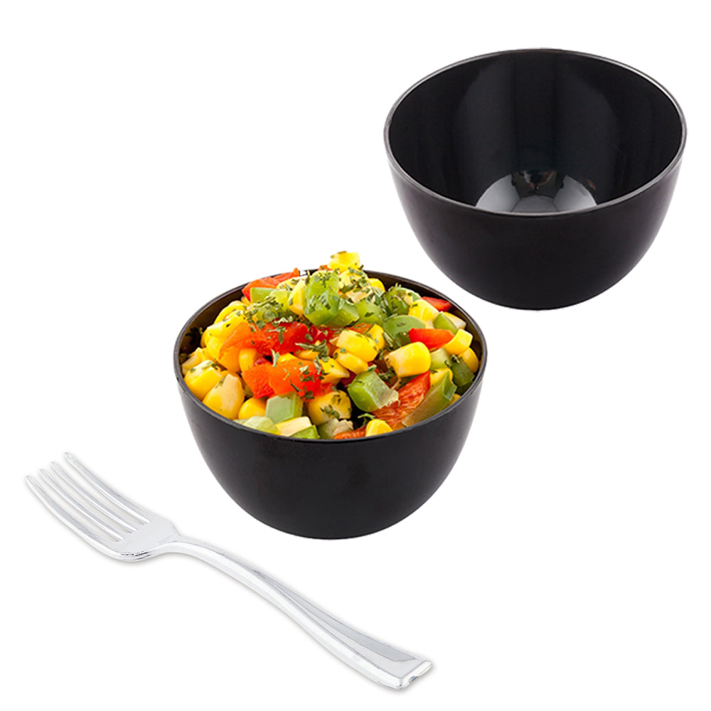 100 Pack 4 oz Round Black Plastic Bodega Cups with 100 Silver Mini Plastic Forks - Perfect for Parties, Picnics, and Small Gatherings